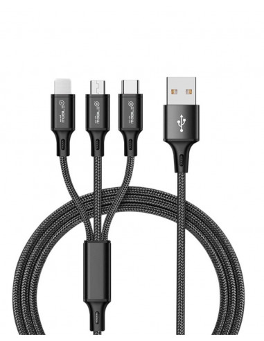 Cable de Carga Nylon 3 en 1 USB-A a Lightning, Micro USB y Tipo-C. 1.2M MB-1045 Mobile+