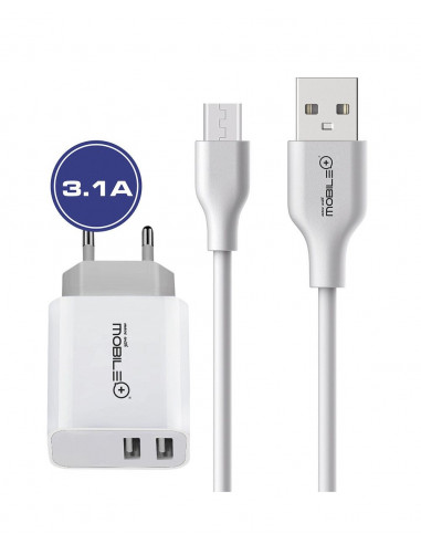 CARGADOR DE PARED USB A MICRO Y DOBLE SALIDA USB Y CABLE USB, 480mbps.MB-1042