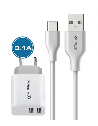 CARGADOR DE PARED DE DOBLE SALIDA USB Y CABLE TIPO-C A USB, 2.4A