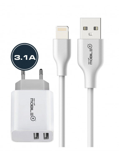 CARGADOR DE PARED PARA IPHONE CON DOBLE SALIDA USB Y CABLE LIGHTNING CON TRANSMICIÓN DE DATOS MB-1041