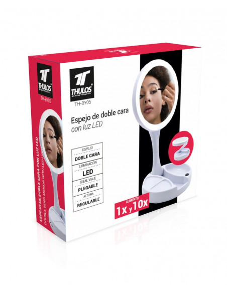 ESPEJO DE BELLESA CON DOBLE LUCES LED, AUMENTO 1X Y 10X THULOS TH-BY05