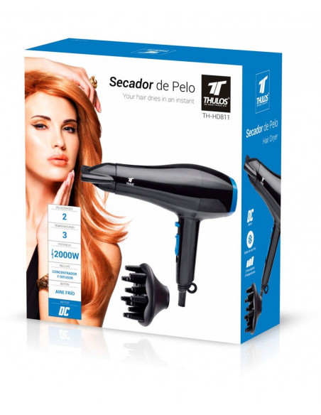 SECADOR DE PELO CON DIFUSOR, CONCENTRADOR Y AJUSTE DE CALOR THULOS TH-HD811