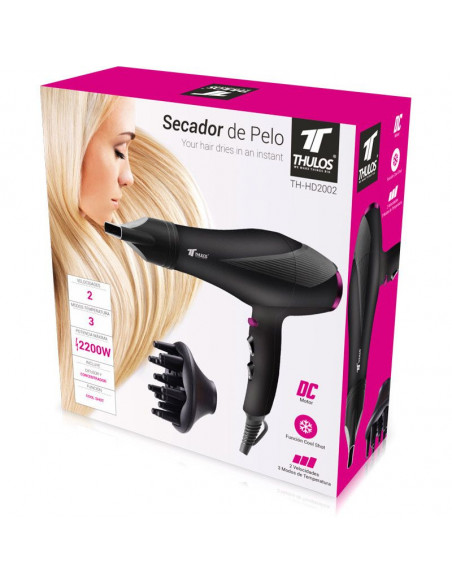 SECADOR DE PELO, INCLUYE DIFUSOR Y CONCENTRADOR, 2 VELOCIDADES. THULOS TH-HD20002