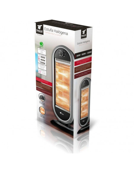 Estufa halógena, 3 ajustes de temperatura, sistema de seguridad anti-vuelco. THULOS TH-EH1201