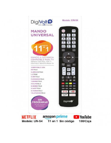 MANDO A DISTANCIA TV UNIVERSAL (CODIGO PREISTALADO) 11+1 UN-54 DIGIVOLT