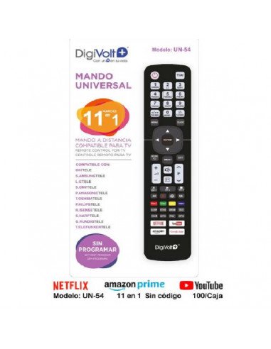 MANDO A DISTANCIA TV UNIVERSAL (CODIGO PREISTALADO) 11+1 UN-54 DIGIVOLT