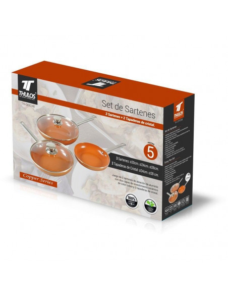 Set de 3 Sartenes y 2 Tapaderas de Cristal, con mango de acero inoxidable TH-CFP248 THULOS
