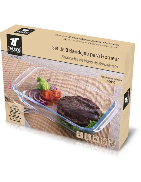 SET DE 3 BANDEJAS DE VIDRIO RECTANGULAR APTO PARA HORNO TH-KA019